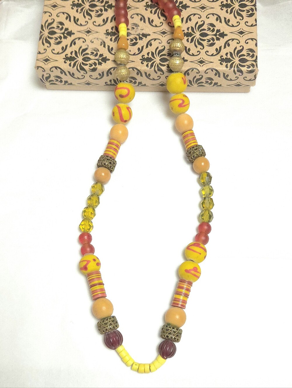 Vintage African Trade Beaded Necklace Ceramic, Glass & Brass Beads